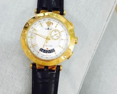 Versace QUARTZ GMT watch 8176-1990 GOLD WHITE/SILVER DIAL Black Strap - Click Image to Close